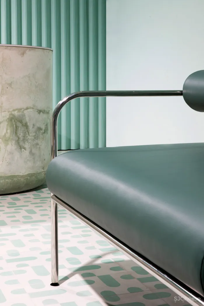 Pharmacy app opens Brooklyn waiting room featuring calming turquoise tones