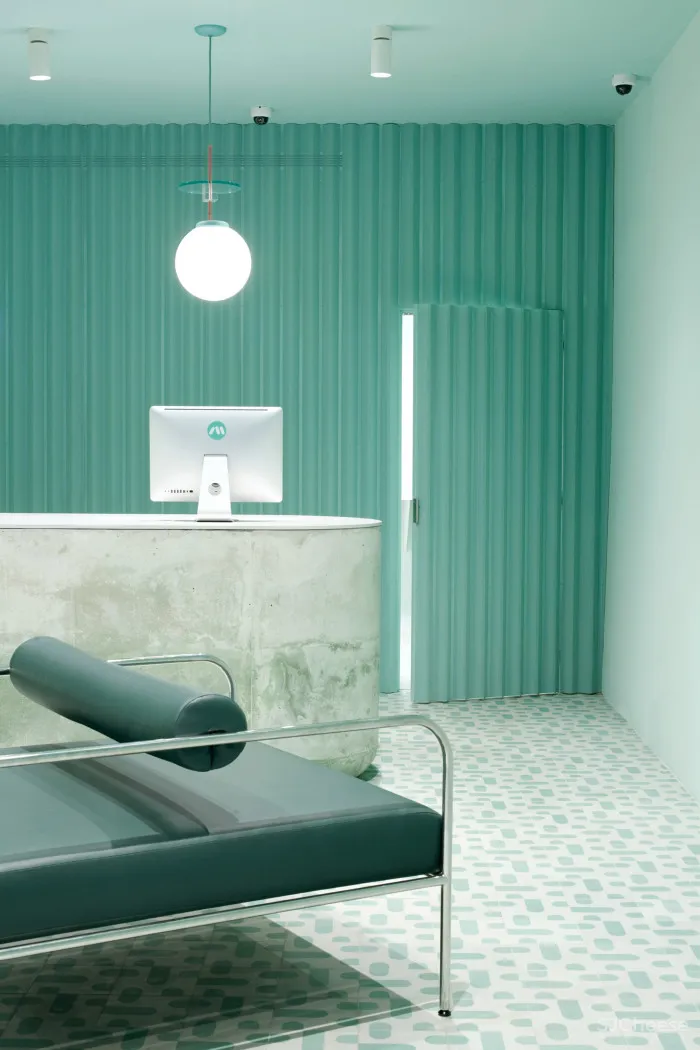 Pharmacy app opens Brooklyn waiting room featuring calming turquoise tones