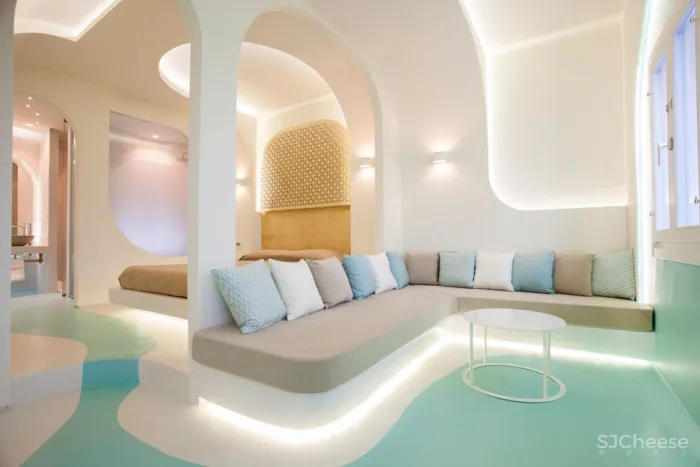 KLab decks out Santorini hotel in smooth curves