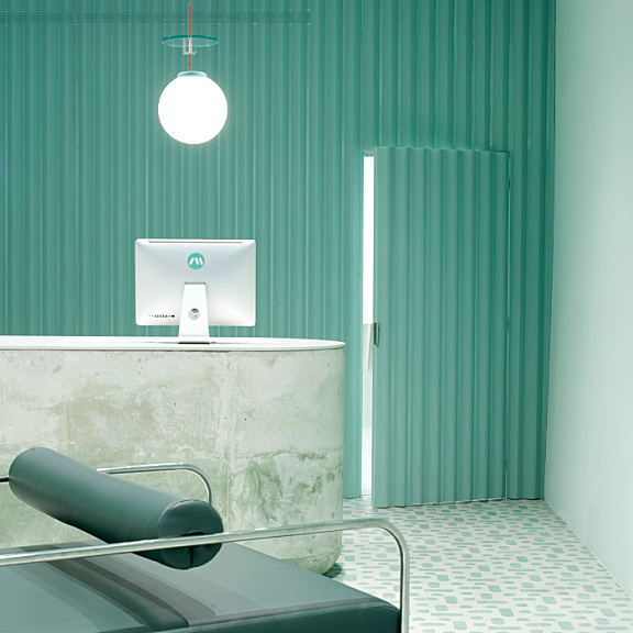 Pharmacy app opens Brooklyn waiting room featuring calming turquoise tones