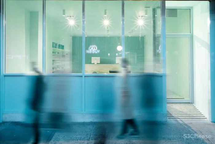 Pharmacy app opens Brooklyn waiting room featuring calming turquoise tones