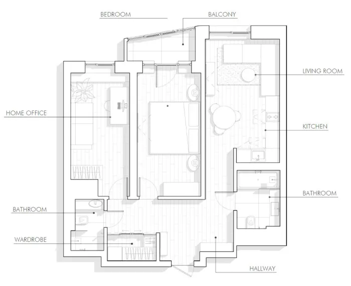 72㎡ 二室一厅二卫,精致的简约设计超有格调!