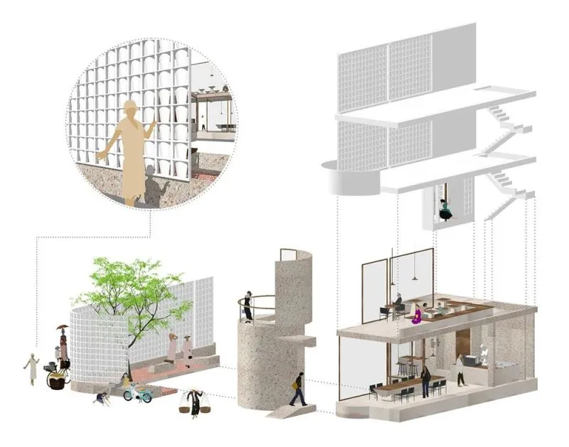 外立面使用咖啡滴漏元素的街角咖啡馆