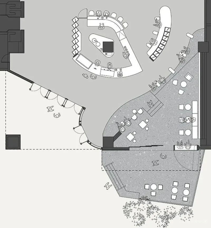 咖啡馆呈现出一种凉爽、未来主义的整体氛围