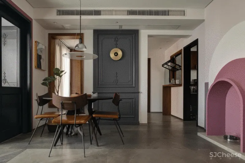 100㎡“胶片质感”的家,小吧台、取景框、大胆撞色...摩登又复古!