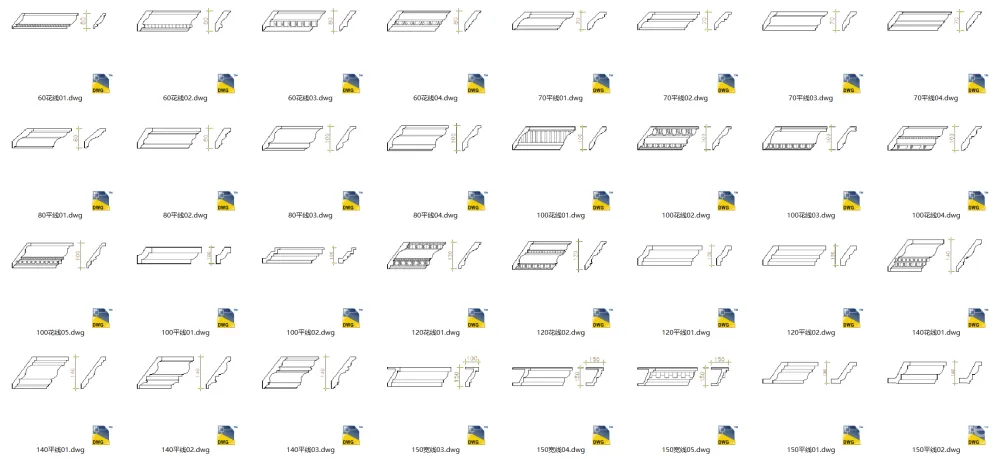 室内设计天花线条CAD大全-花线宽线平线角线等-dwg格式-85个-4.91M