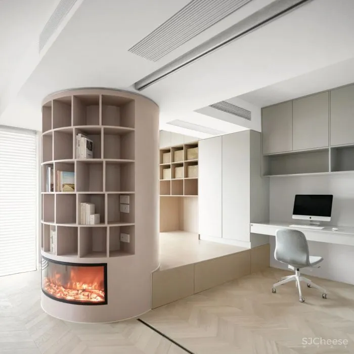 惊奇!他们在房中央造了个圆柱书架,折叠门 壁炉,串联起120㎡温暖通透家