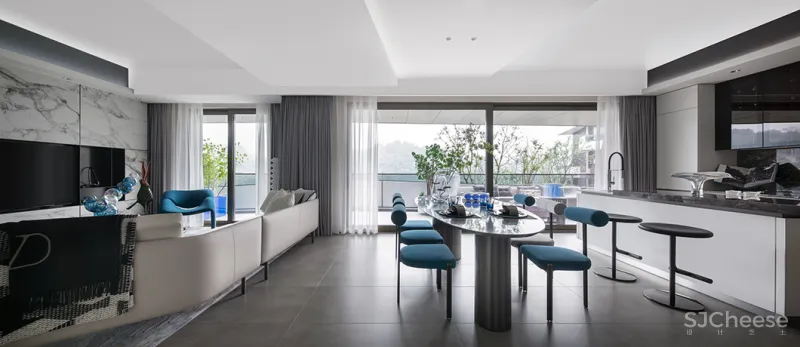 九度设计 165㎡简约大平层,撞色经典蓝,时髦又高级!