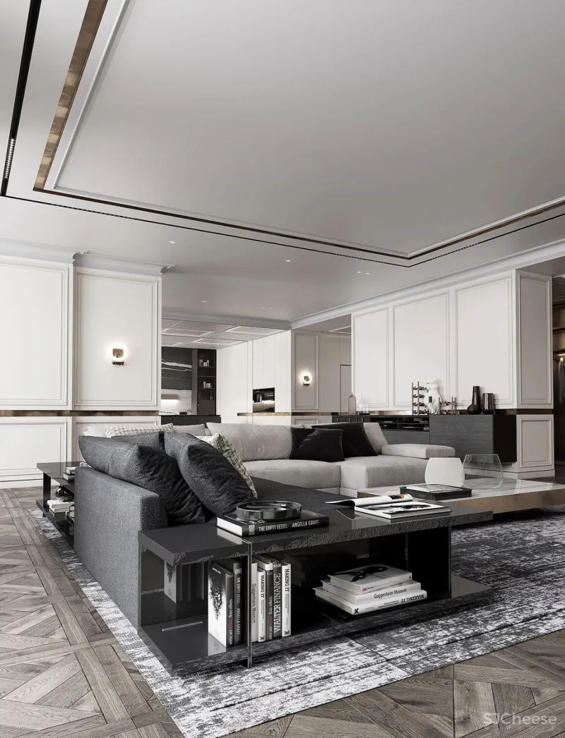 现代黑白灰 优雅石膏线，妥妥大宅范儿