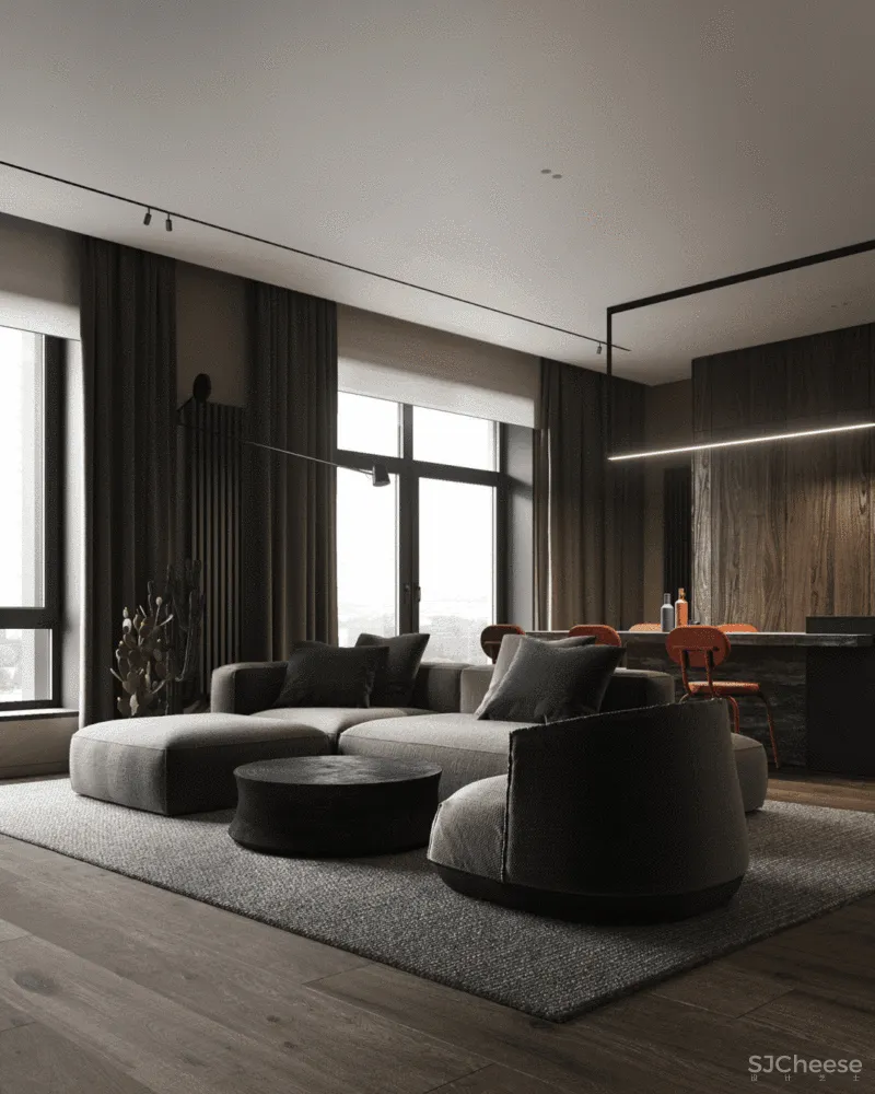 原木灰 南瓜橙,74m²小户型的大宅格调