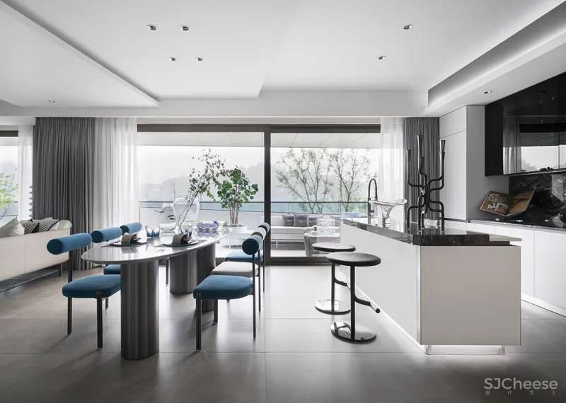 九度设计 165㎡简约大平层,撞色经典蓝,时髦又高级!