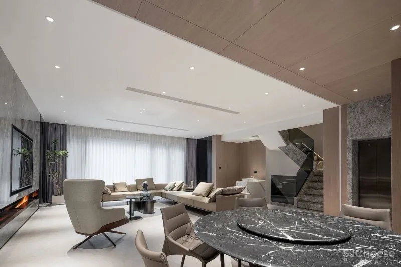 一野设计:原木、大理石、高级灰,诠释500㎡极简墅居