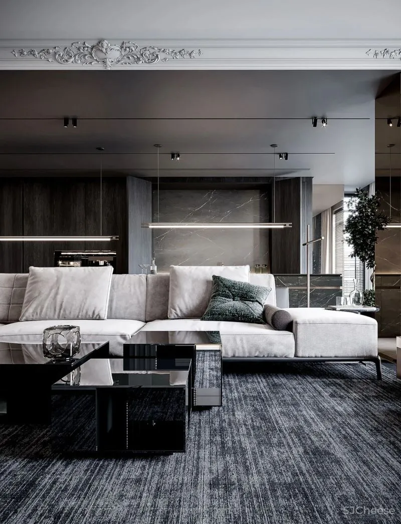 现代黑白灰 优雅石膏线，妥妥大宅范儿