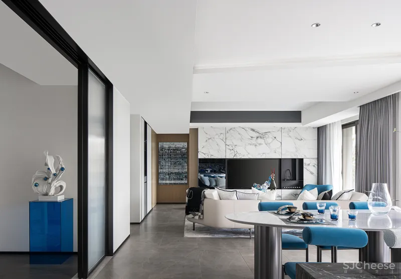 九度设计 165㎡简约大平层,撞色经典蓝,时髦又高级!