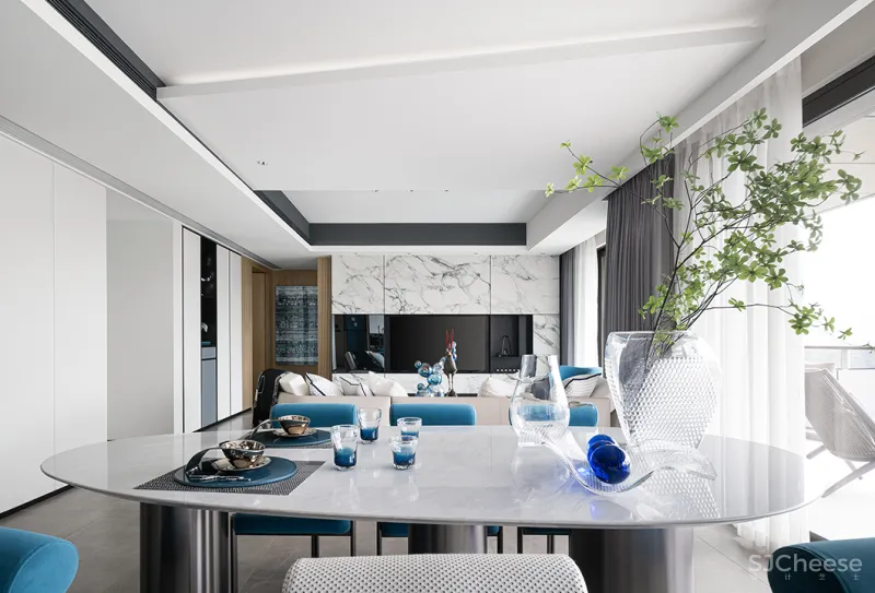 九度设计 165㎡简约大平层,撞色经典蓝,时髦又高级!