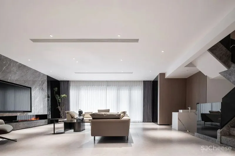 一野设计:原木、大理石、高级灰,诠释500㎡极简墅居