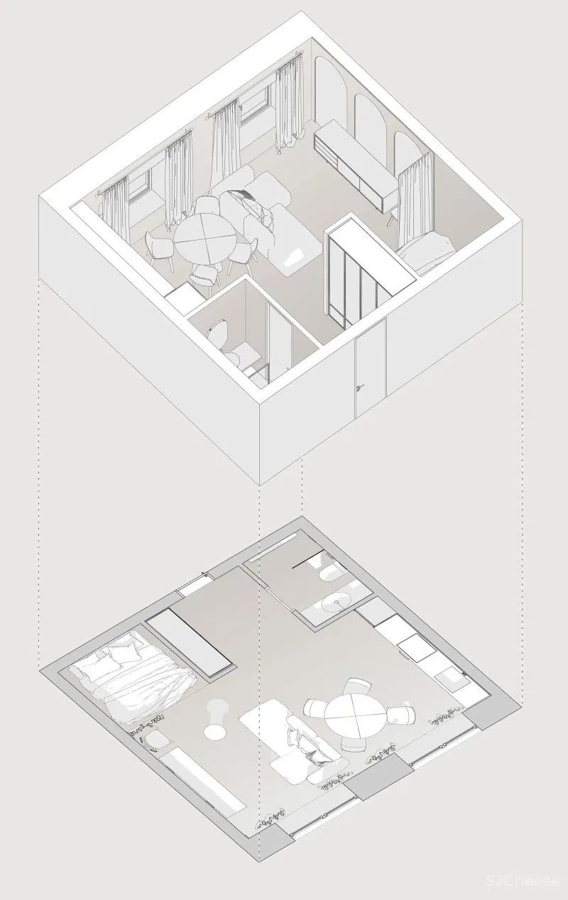 34㎡迷你公寓，用灰泥、木材、陶瓷做出高级感！