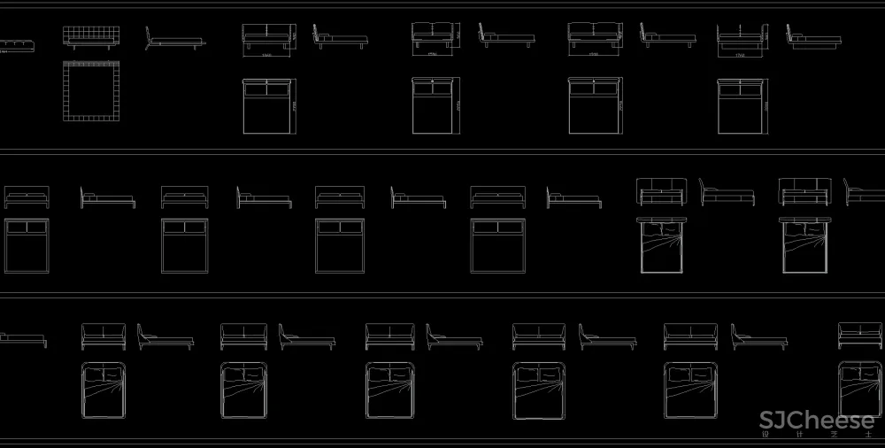茶几&角几&桌&床类平立面CAD图块丨平面对应立面-DWG格式-8.36M