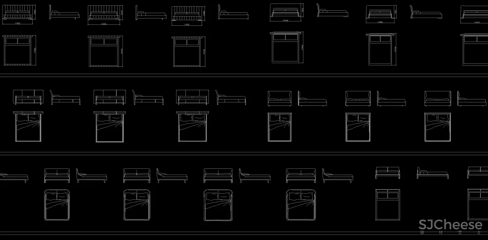 茶几&角几&桌&床类平立面CAD图块丨平面对应立面-DWG格式-8.36M