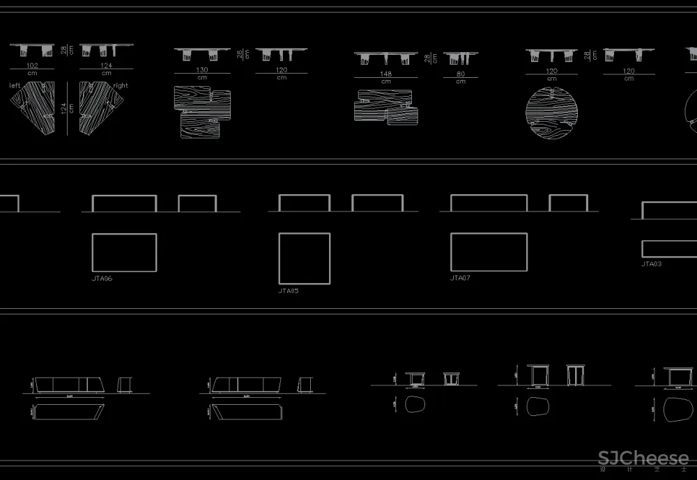 茶几&角几&桌&床类平立面CAD图块丨平面对应立面-DWG格式-8.36M