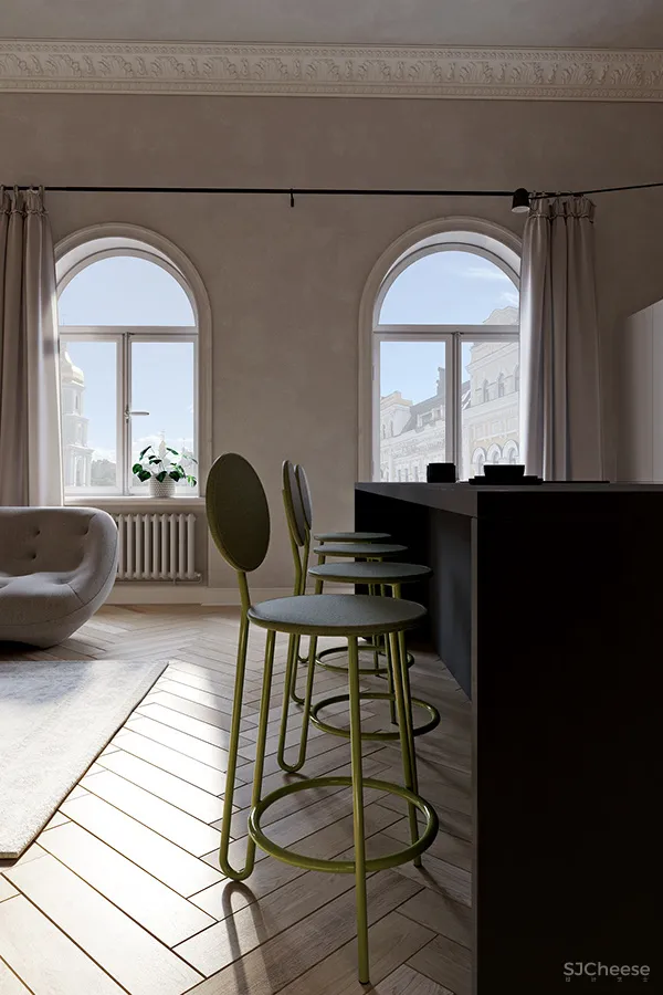 三个拱形门通往三个天地,一张双人床斜放在客厅!