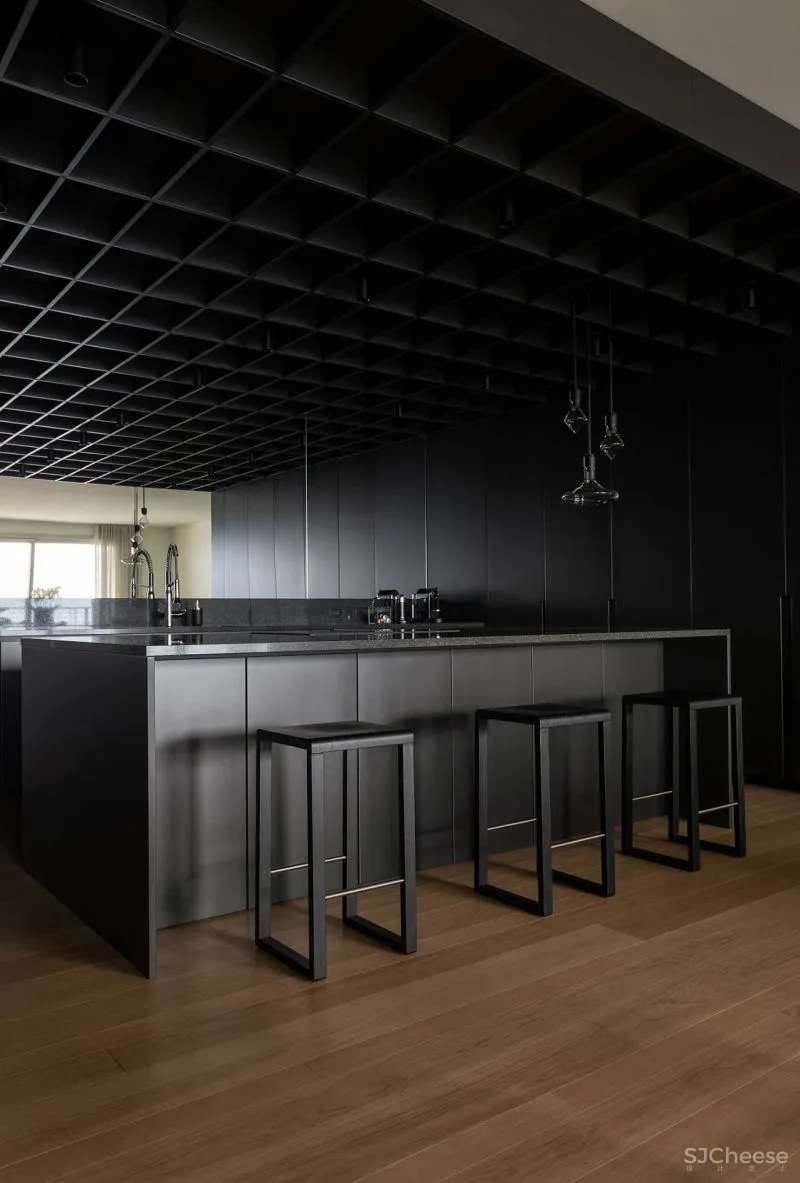 全屋使用黑白装饰,只为了不干扰窗外的景色