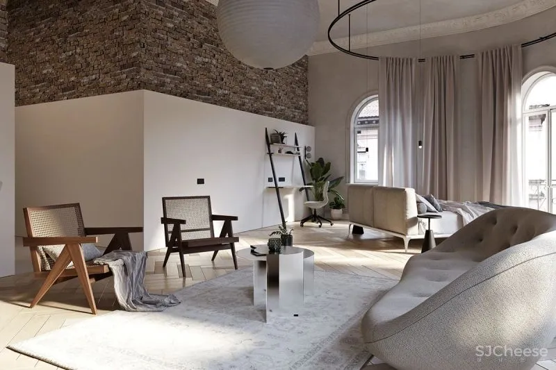 三个拱形门通往三个天地,一张双人床斜放在客厅!