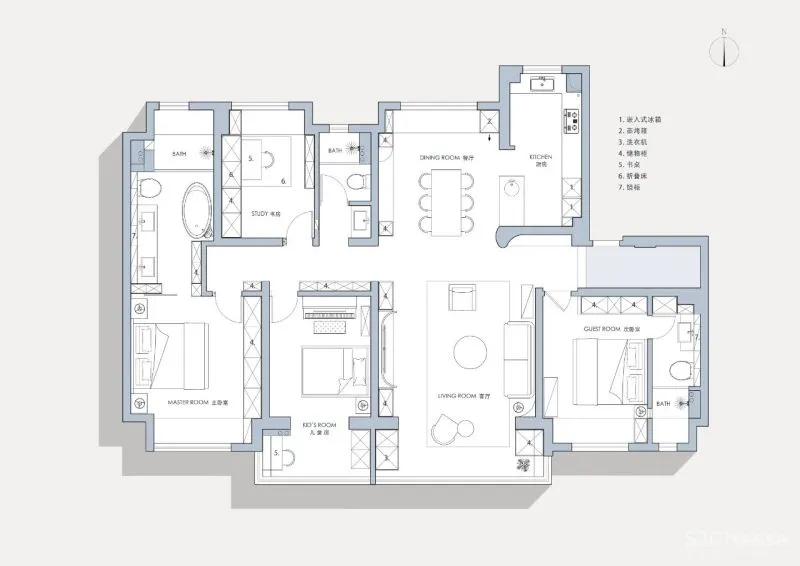 黄铜、石材、藤编，温暖自然的大平层设计丨木桃盒子