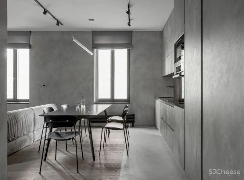 一间75平米的水泥灰公寓，利用色彩的装饰，拥有时髦与平衡感