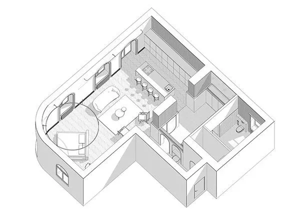 三个拱形门通往三个天地,一张双人床斜放在客厅!