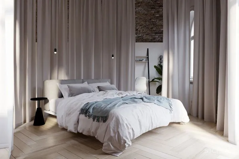 三个拱形门通往三个天地,一张双人床斜放在客厅!