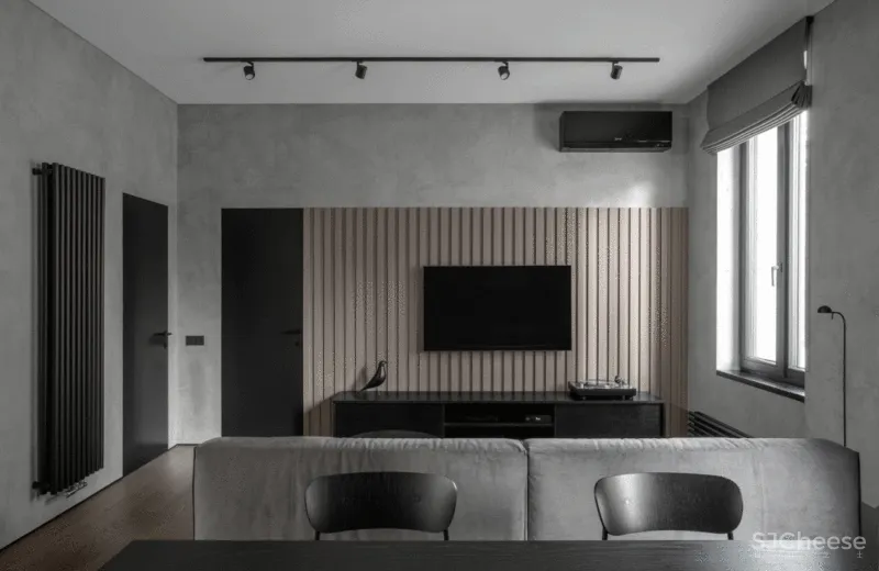 一间75平米的水泥灰公寓，利用色彩的装饰，拥有时髦与平衡感