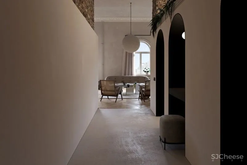 三个拱形门通往三个天地,一张双人床斜放在客厅!