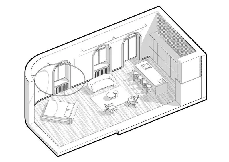 三个拱形门通往三个天地,一张双人床斜放在客厅!