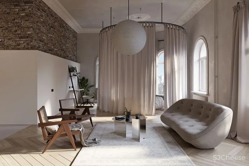 三个拱形门通往三个天地,一张双人床斜放在客厅!