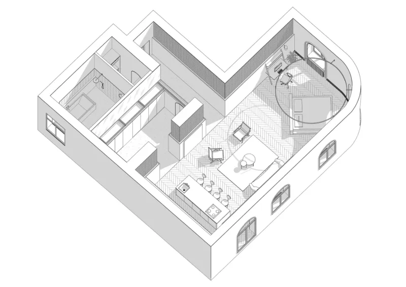 三个拱形门通往三个天地,一张双人床斜放在客厅!