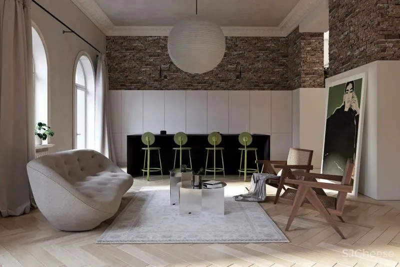 三个拱形门通往三个天地,一张双人床斜放在客厅!