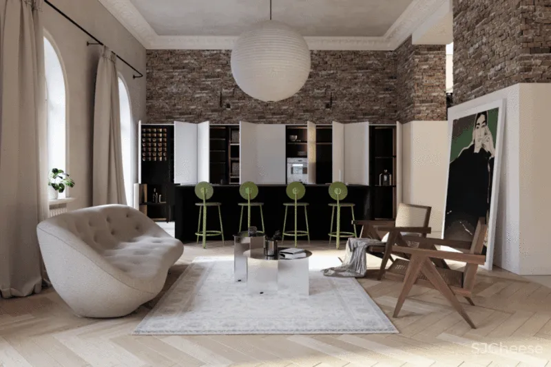 三个拱形门通往三个天地,一张双人床斜放在客厅!