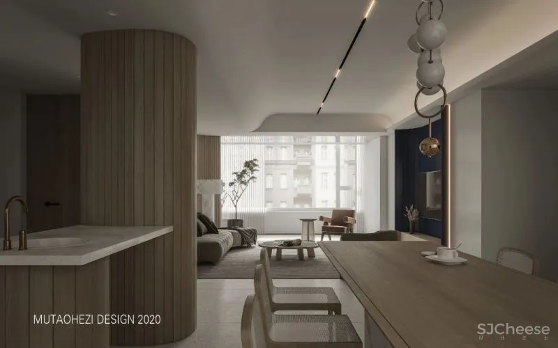 黄铜、石材、藤编，温暖自然的大平层设计丨木桃盒子