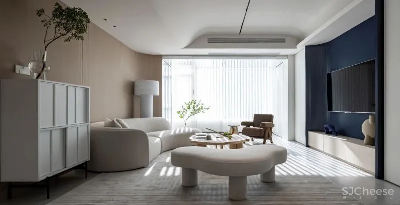 黄铜、石材、藤编，温暖自然的大平层设计丨木桃盒子