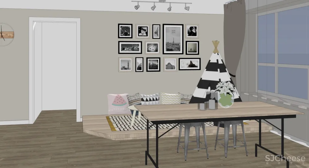 三室一厅客厅儿童房厨房卫生间家装SU模型SketchUp草图大师