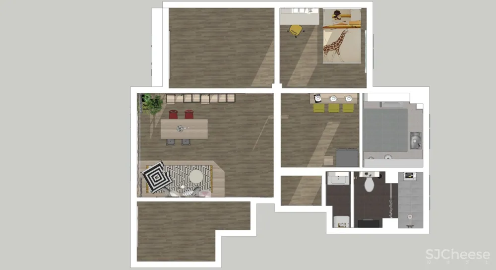 三室一厅客厅儿童房厨房卫生间家装SU模型SketchUp草图大师