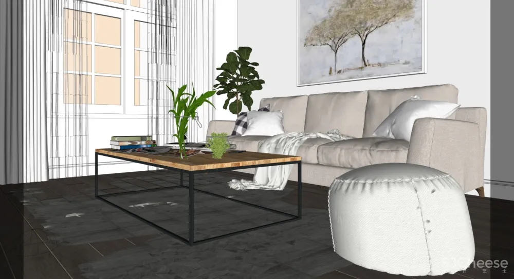 简约现代风格开放式厨房餐厅客厅SU模型SketchUp草图大师