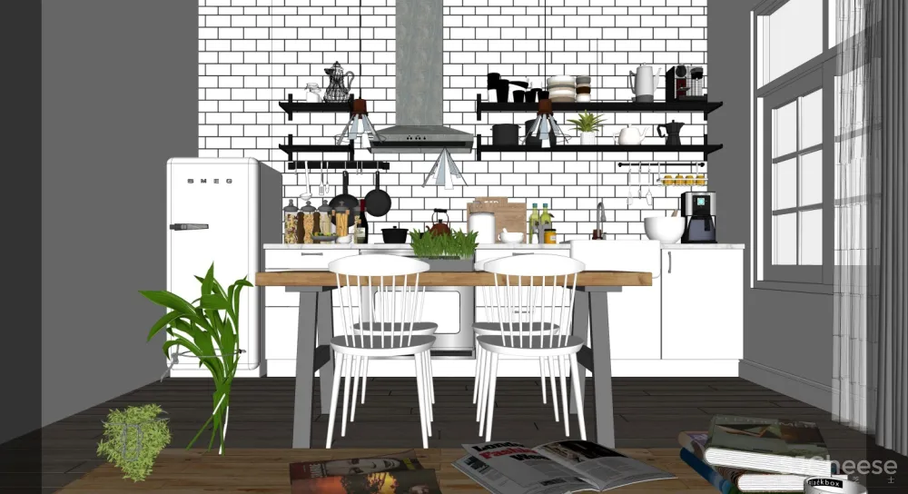 简约现代风格开放式厨房餐厅客厅SU模型SketchUp草图大师