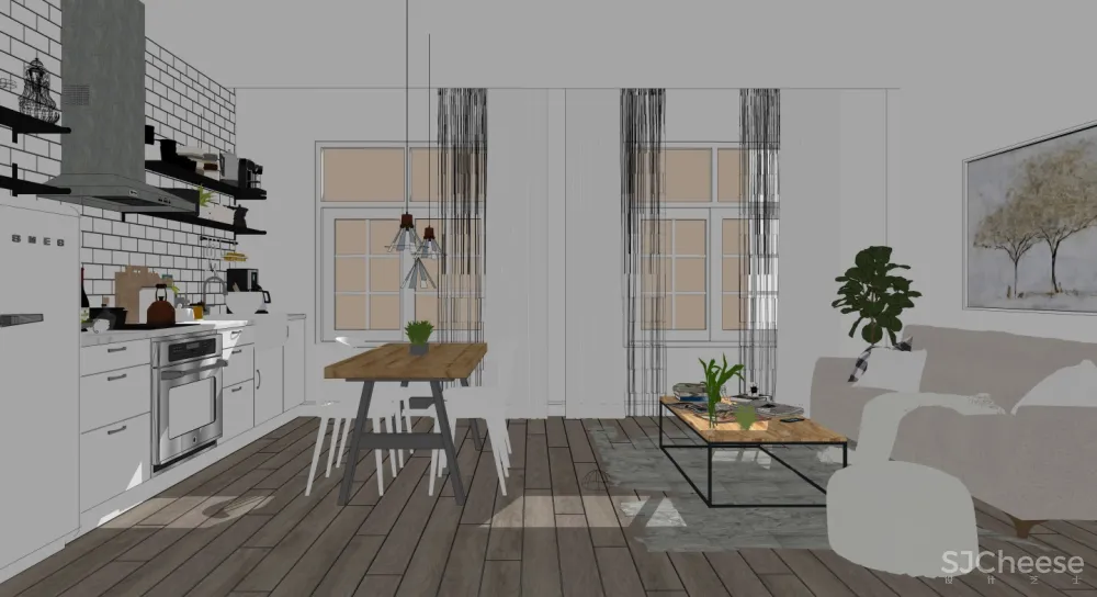 简约现代风格开放式厨房餐厅客厅SU模型SketchUp草图大师