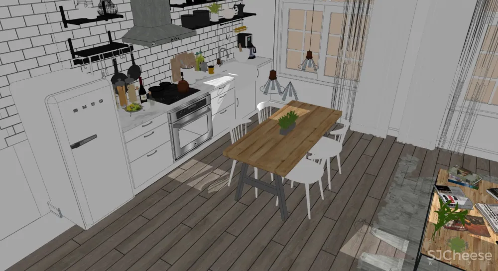 简约现代风格开放式厨房餐厅客厅SU模型SketchUp草图大师