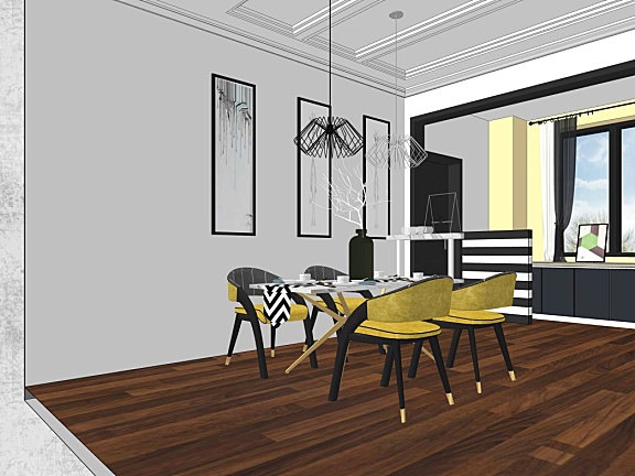 轻奢简约现代风格家庭餐厅SU模型SketchUp草图大师