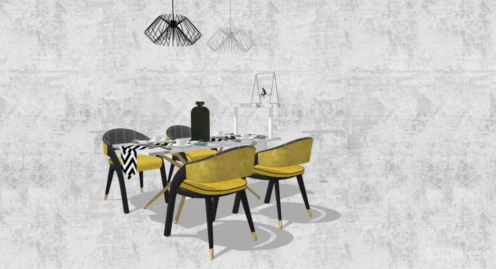 轻奢简约现代风格家庭餐厅SU模型SketchUp草图大师