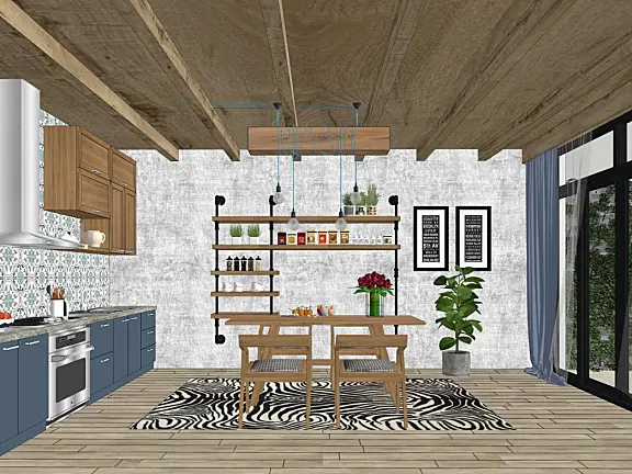 简约原木清新东南亚风格开放式厨房餐厅SU模型SketchUp草图大师