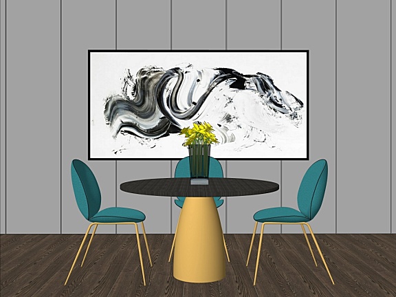 现代轻奢风格贝壳椅圆桌挂画餐厅SU模型SketchUp草图大师